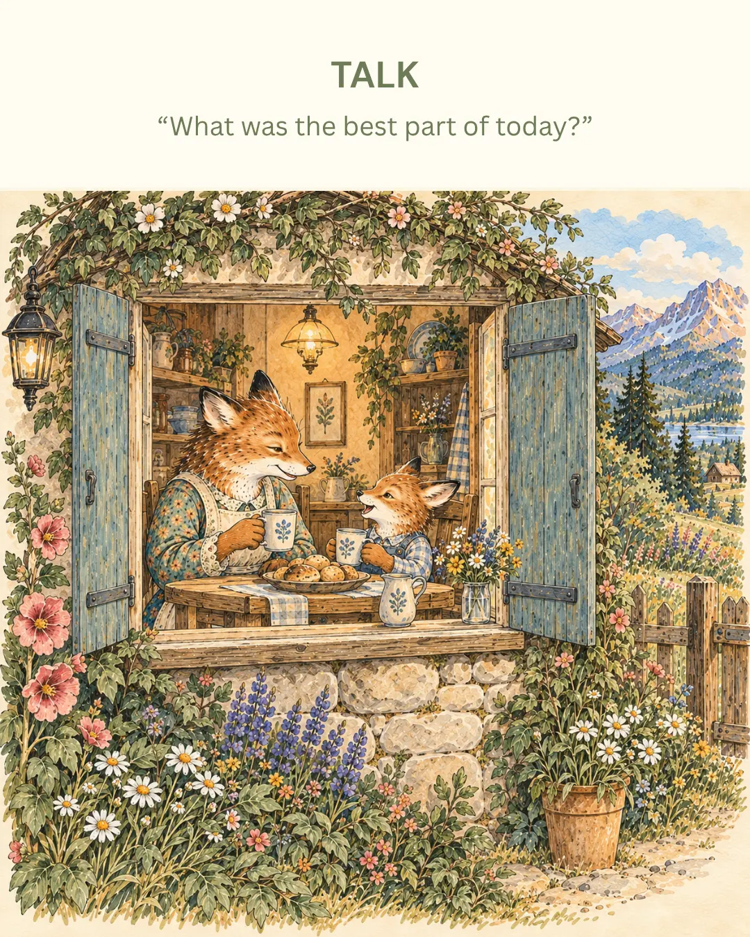 Fox parent and cub sharing mugs at a cottage window — Talk prompt: 'What was the best part of today?'