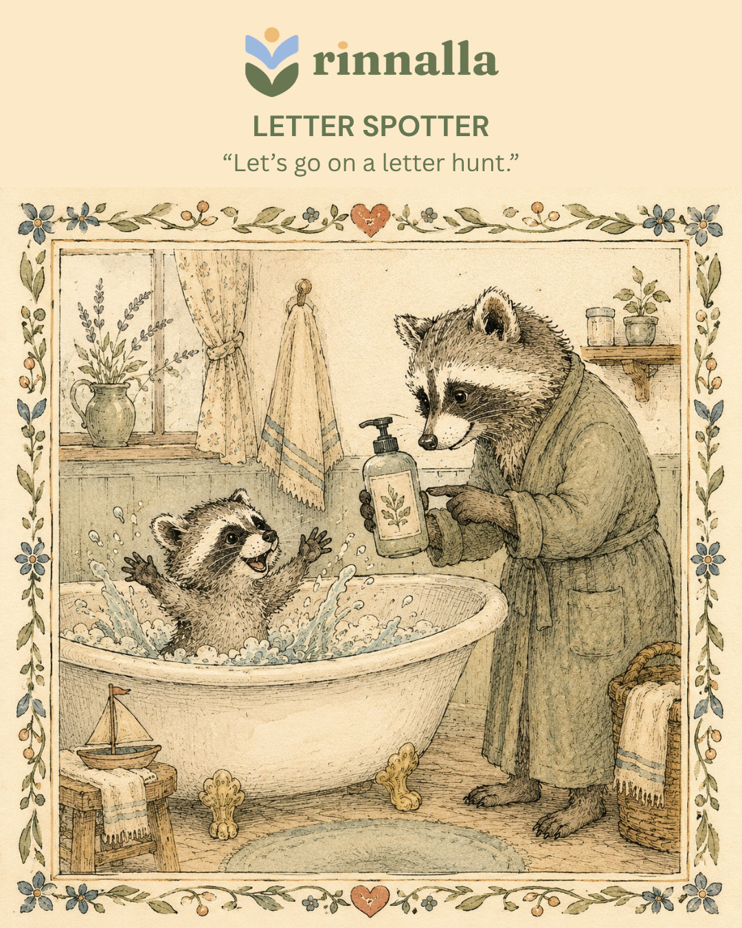 Raccoon parent and cub at bath time — Letter Spotter prompt