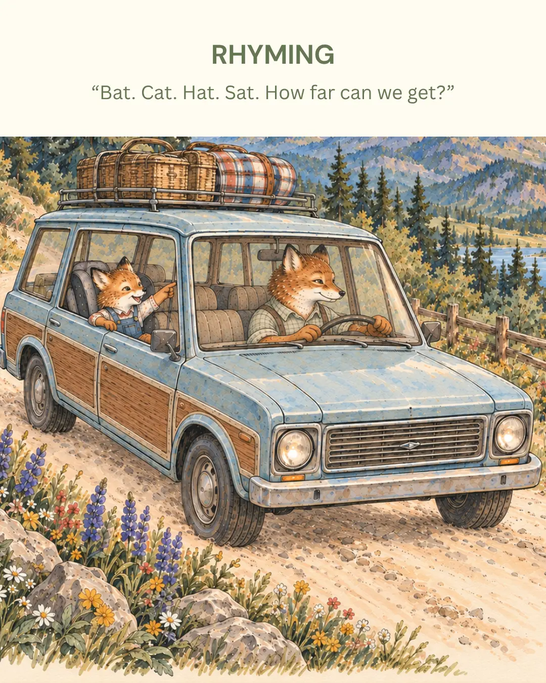 Fox parent and cub in a station wagon — Rhyming prompt: 'Bat. Cat. Hat. Sat. How far can we get?'
