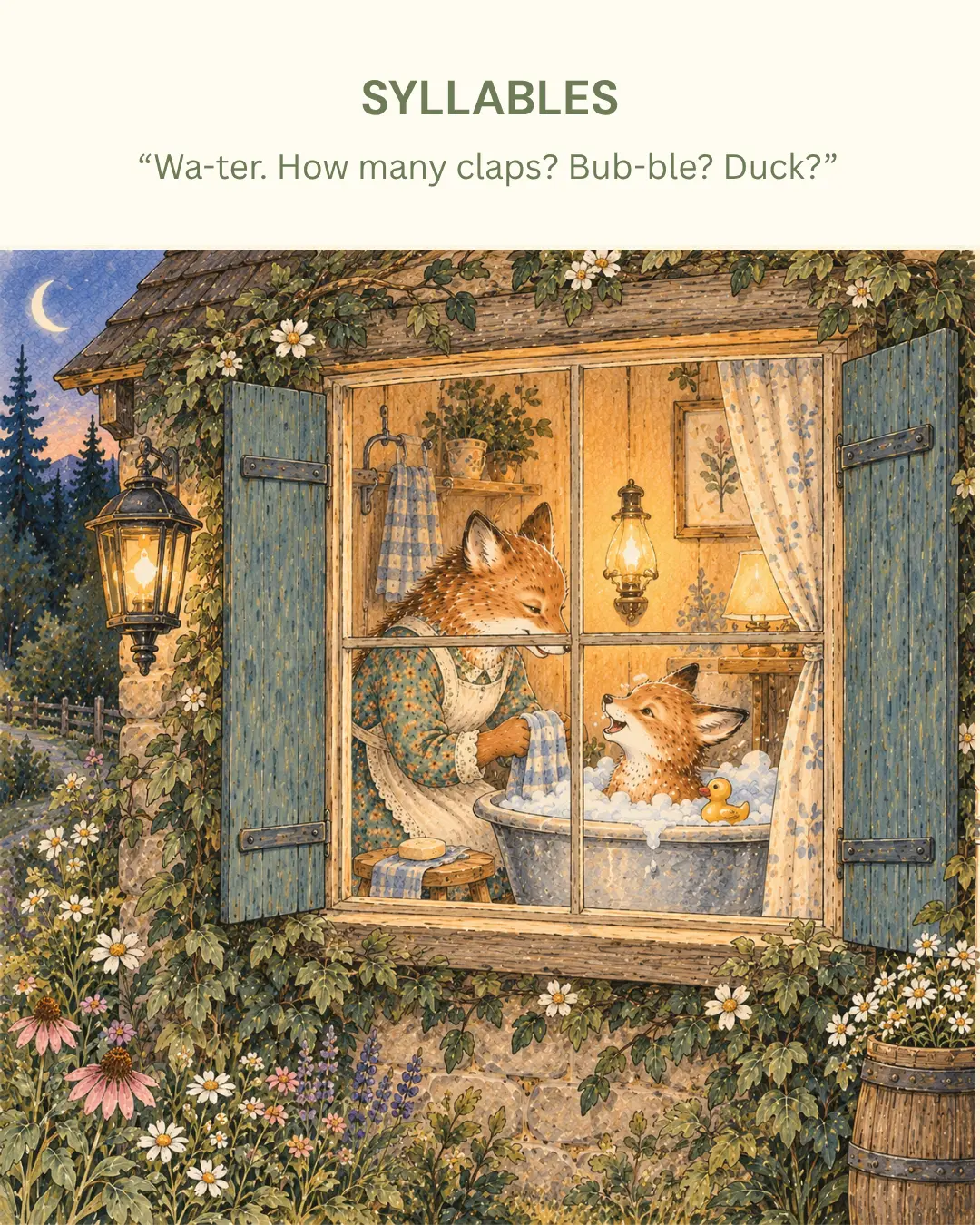 Fox parent bathing cub at bedtime — Syllables prompt: 'Wa-ter. How many claps? Bub-ble? Duck?'