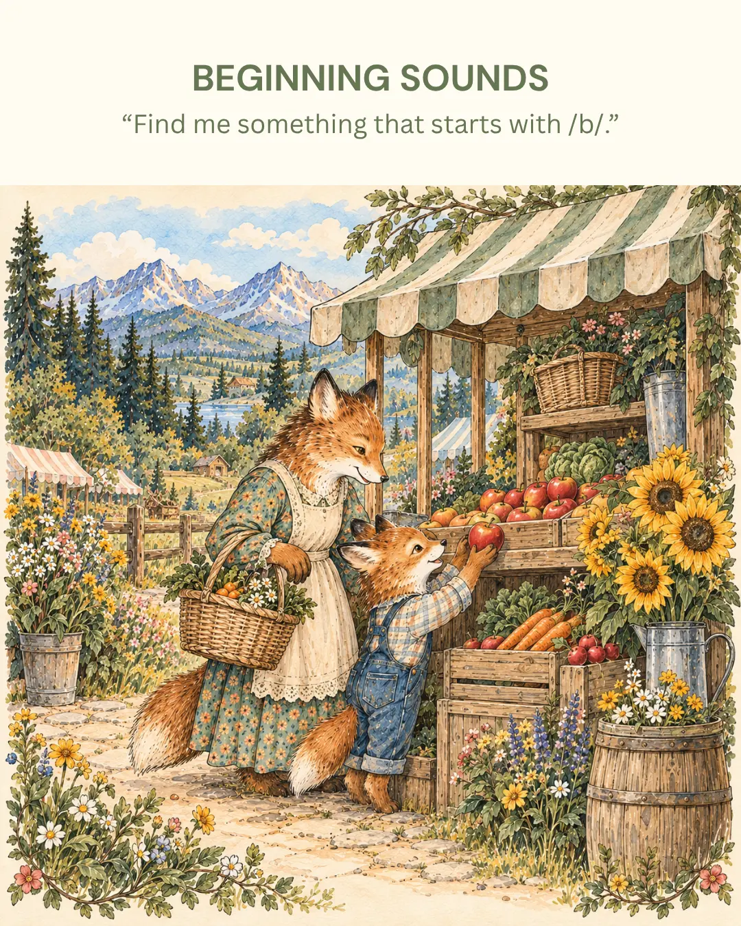 Fox parent and cub at a farm stand — Beginning Sounds prompt: 'Find me something that starts with /b/.'